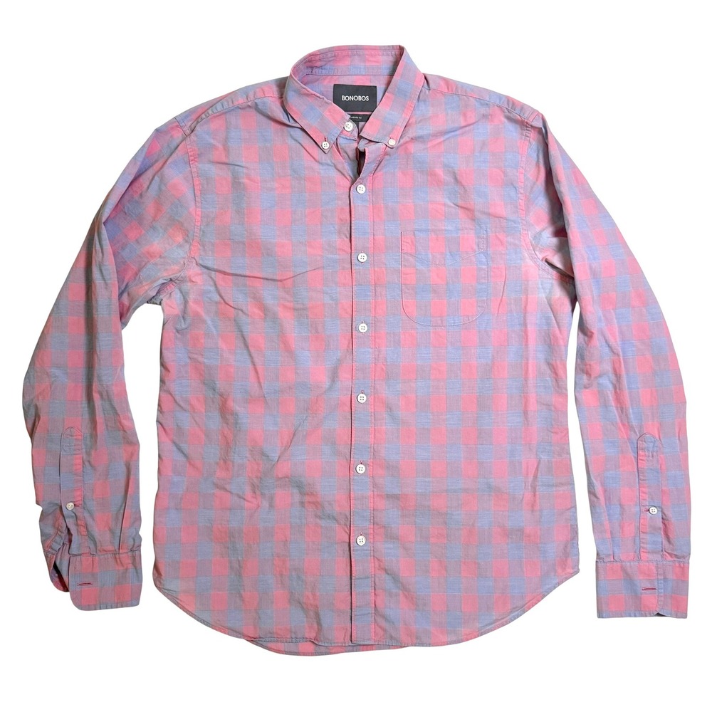 Bonobos Button Down Shirt M Pink Blue Buffalo Check Standard Fit Long Sleeve